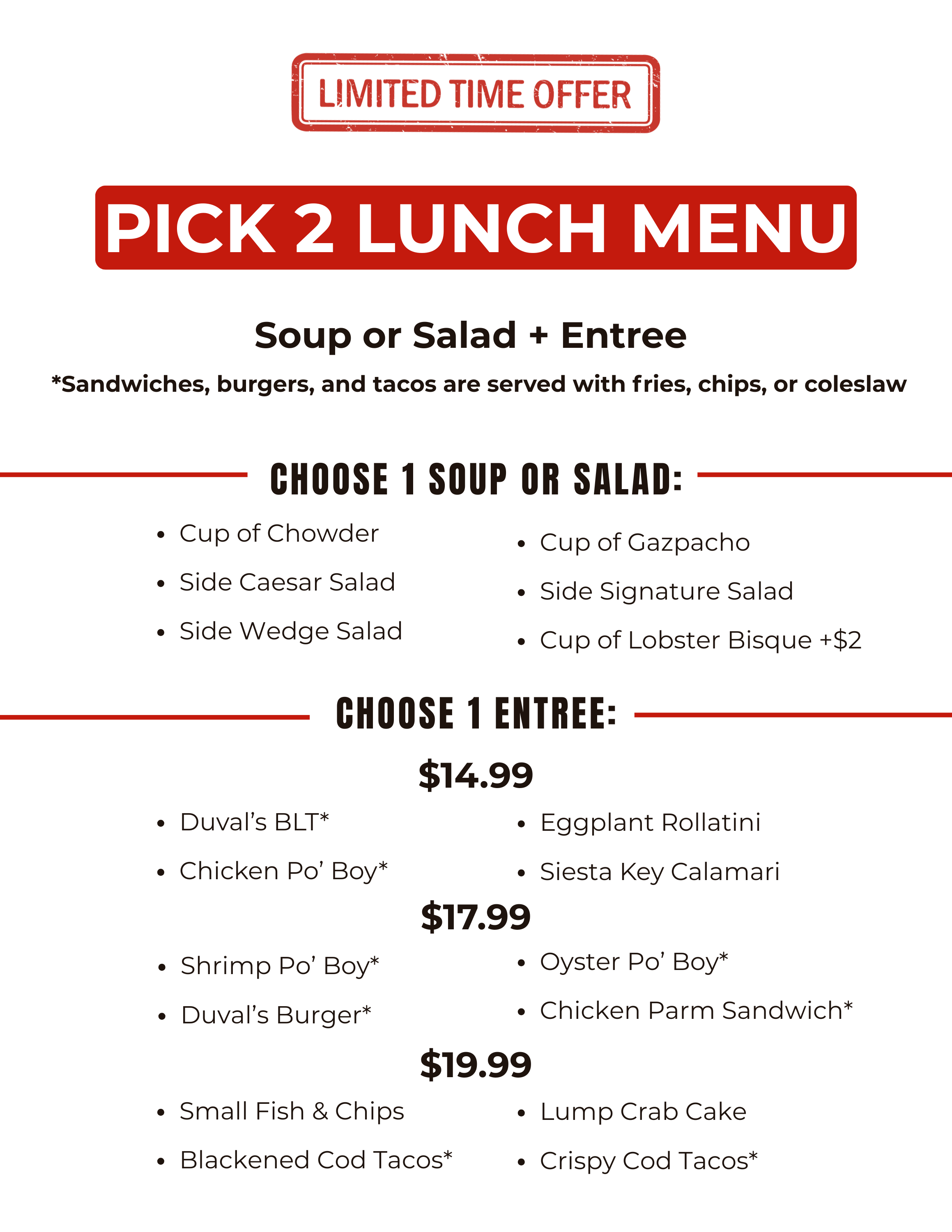 Pick 2 Lunch Menu — Duval's | Downtown Sarasota Restaurant